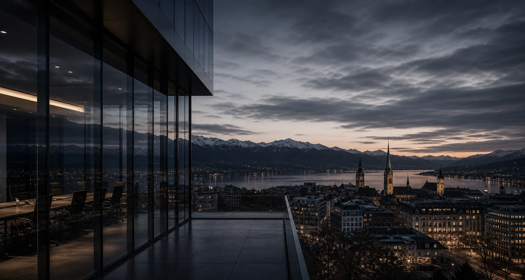 Swiss financial district at dusk